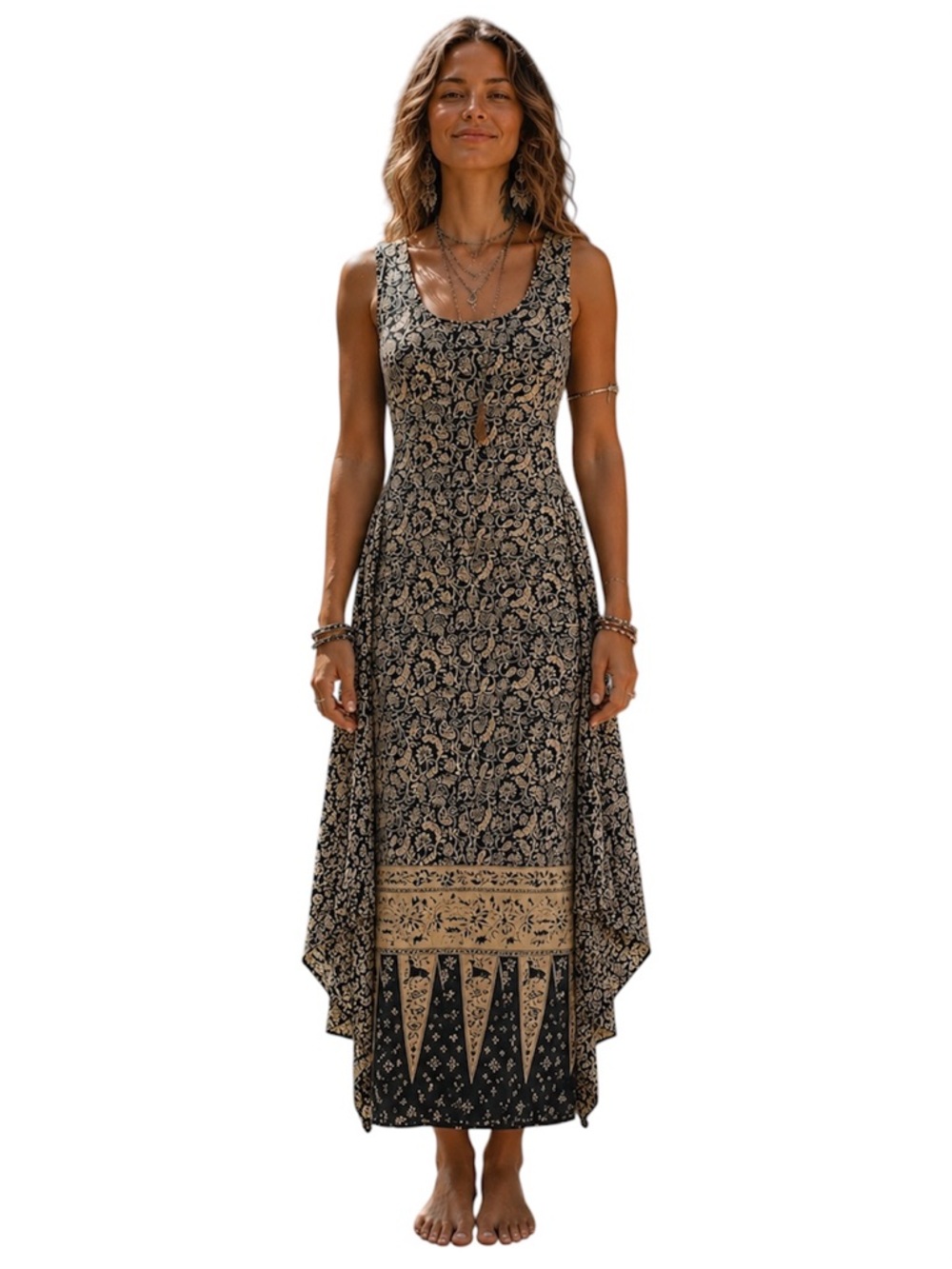 J. Peterman Navy & Beige Paisley Print, Maxi Pencil Dress, Cotton, Bohemian, S